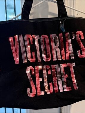 Victoria's Secret Large Black Tote with Pink Sequin Logo